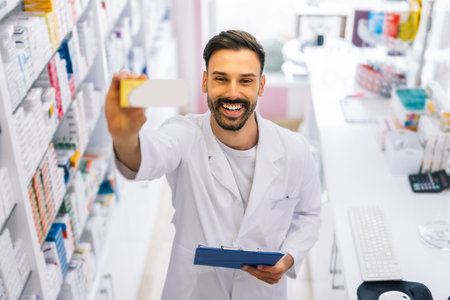 Portrait of a pharmacist holding a medicine box in a pharmacy, with the focus on the packaging.の写真素材