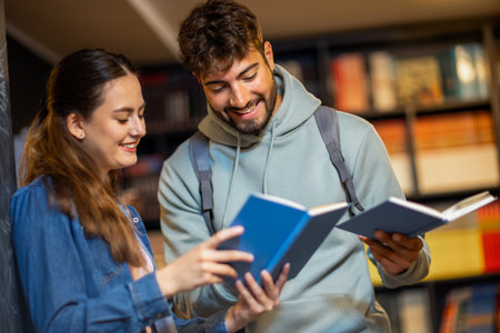 Male and female student read books together in the quiet library.
