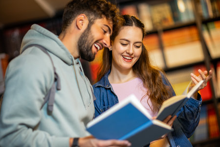 Male and female student read books together in the quiet library.の写真素材
