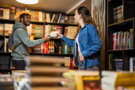 A young male and female student are browsing bookshelves in a library.の写真素材