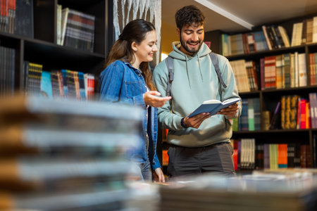 A young male and female student are browsing bookshelves in a library.の写真素材