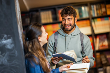 Male and female student read books together in the quiet library.の写真素材