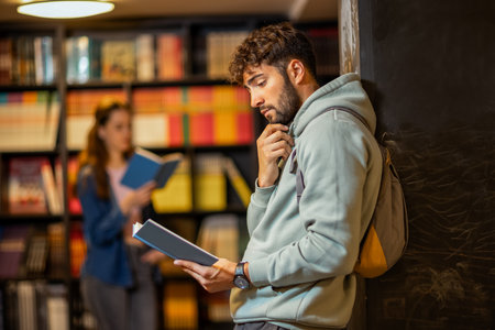 A young male student is deeply focused on reading a book in a quiet library setting.の写真素材