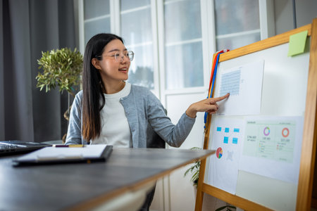 A young Thai woman is working from home, conducting an online presentation using her computer. She is actively engaging with her audience by pointing to information displayed on a board beside her.の写真素材