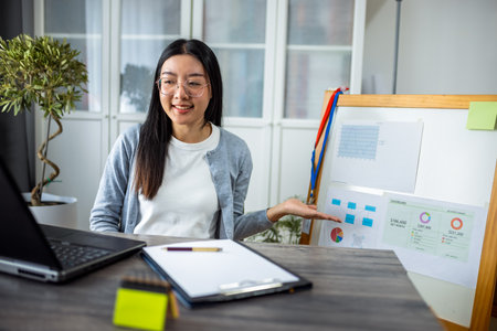 A young Thai woman is working from home, conducting an online presentation using her computer. She is actively engaging with her audience by pointing to information displayed on a board beside her.の写真素材