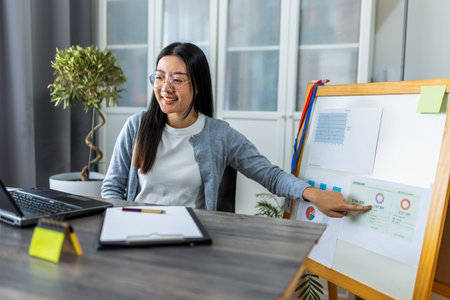 A young Thai woman is working from home, conducting an online presentation using her computer. She is actively engaging with her audience by pointing to information displayed on a board beside her.の写真素材