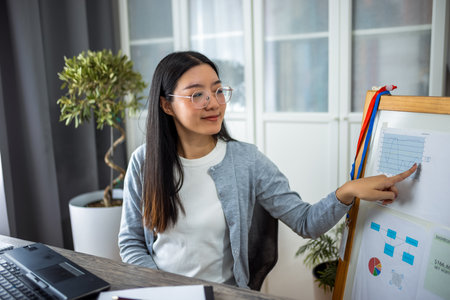A young Thai woman is working from home, conducting an online presentation using her computer. She is actively engaging with her audience by pointing to information displayed on a board beside her.の写真素材