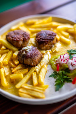 Juicy meatballs served with golden French fries on a white plate.の写真素材