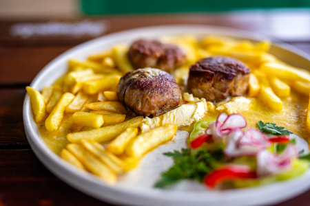 Juicy meatballs served with golden French fries on a white plate.の写真素材