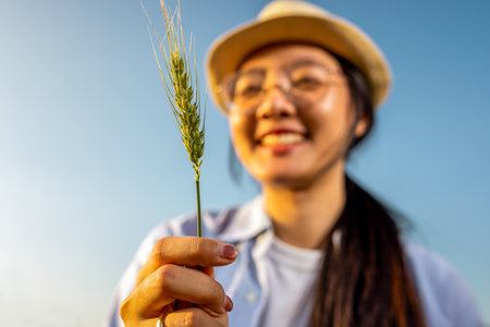 A Thai female farmer stands in a golden wheat field holding wheat stalks and smilingの写真素材