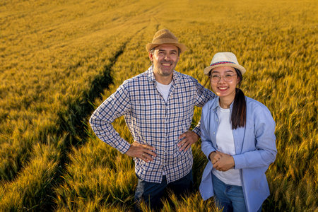 A Thai female farmer and a senior male farmer stand together in a golden wheat field.の写真素材