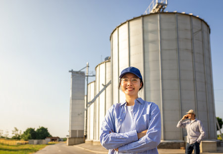 A Thai woman, an employee at the facility, stands confidently with arms crossed and smiles at the camera in front of large industrial silos.の写真素材
