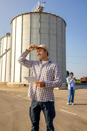 An older man, a dedicated worker at the silo facility, stands in front of large industrial silos holding paperwork.の写真素材