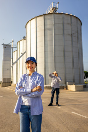 A Thai woman, an employee at the facility, stands confidently with arms crossed and smiles at the camera in front of large industrial silos.の写真素材