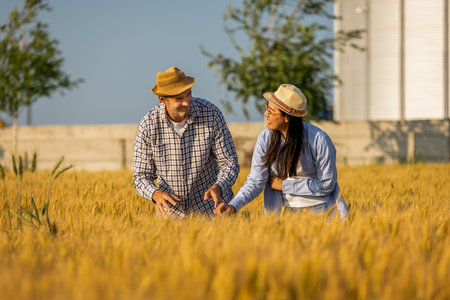 Two workers stand in a wheat-covered area in front of large silos, actively discussing upcoming tasks.の写真素材