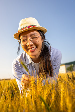 A Thai female farmer stands in a golden wheat field holding wheat stalks and smilingの写真素材