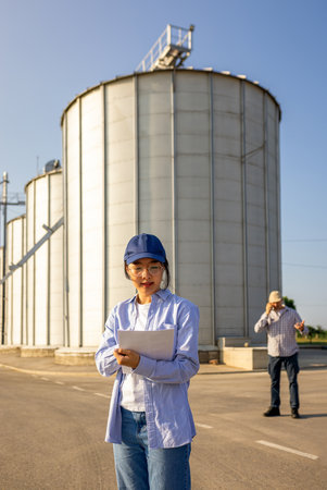 A Thai woman, an employee at the silo facility, stands confidently in front of large industrial silos holding paperwork.の写真素材