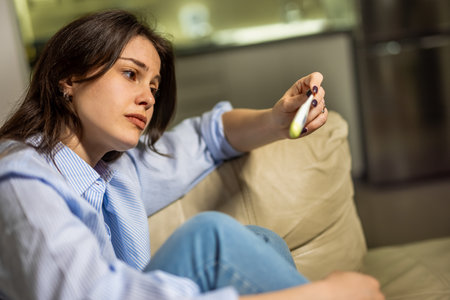 A young woman sits in her living room looking sad and emotionally distressed, holding a pregnancy test.の写真素材