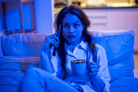 A young woman sits in her living room looking bored and indecisive, holding a TV remote as she struggles to decide what to watch on television.の写真素材