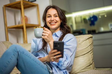 A young woman is sitting comfortably in her living room, sipping coffee and using her phone.の写真素材