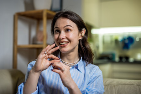 A joyful young woman sits in her living room wearing a hearing device, communicating confidently through sign language.の写真素材