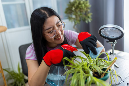 A young Thai girl gently cleans the leaves of her houseplant using water and a cloth.の写真素材