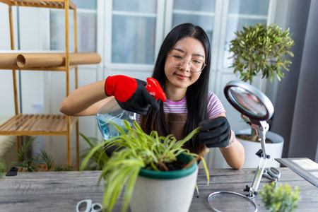 A young Thai girl gently cleans the leaves of her houseplant using water and a cloth.の写真素材