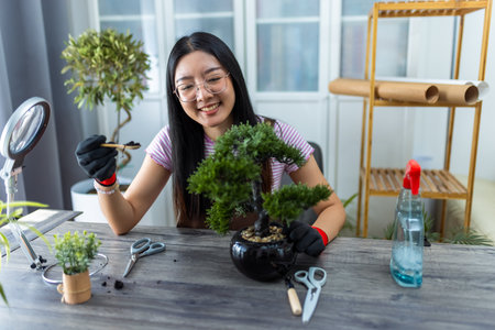 A young Thai girl gently adds fresh soil to her houseplant using a spoon.の写真素材