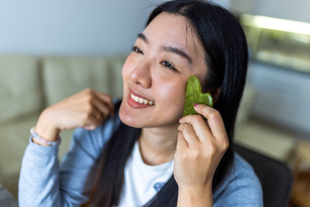 A young Thai influencer demonstrates her gua sha facial massage routine while filming a skincare video with a ring light.の写真素材
