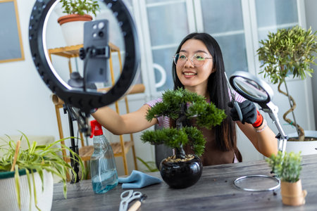 A young Thai influencer carefully trims her bonsai tree while recording a video with a ring light.の写真素材