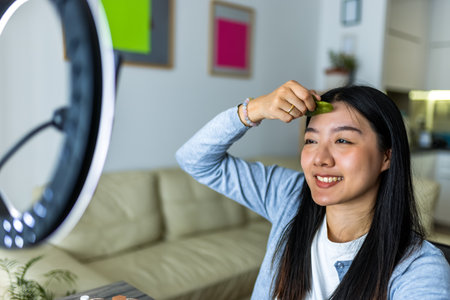 A young Thai influencer demonstrates her gua sha facial massage routine while filming a skincare video with a ring light.の写真素材