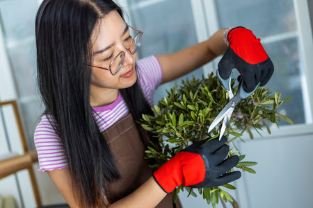 A young Thai girl is carefully cutting the leaves of her houseplant, maintaining its health and appearance.の写真素材