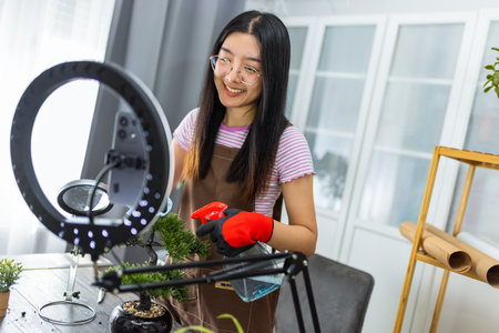 A young Thai influencer films a lifestyle video with a ring light while gently cleaning her houseplant leaves using water and a cloth.の写真素材