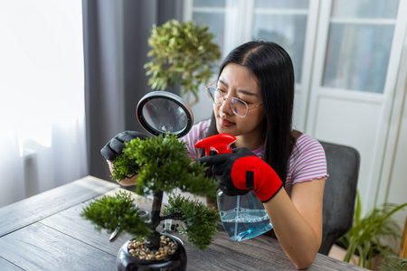 A young Thai girl carefully trims her bonsai tree, practicing patience and precision.の写真素材
