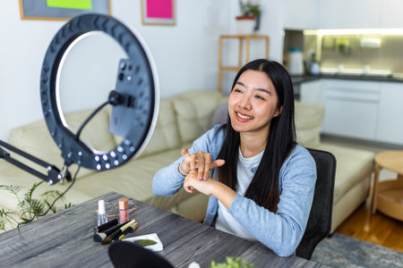 A young Thai beauty influencer applies hand cream while filming a skincare video with a ring light setup.の写真素材