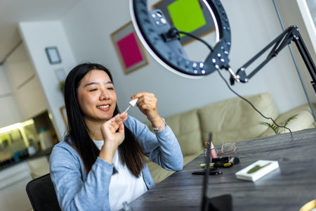 A young Thai beauty influencer films a nail painting tutorial using a ring light at home.の写真素材