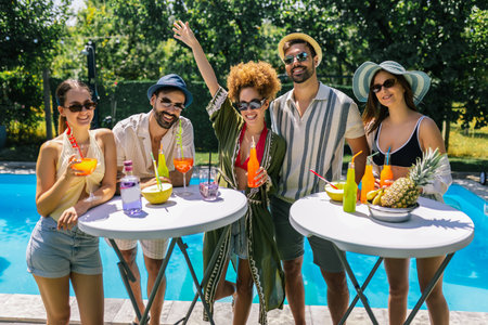 A group of young people by the pool smiles at the camera while dancing, drinking colorful cocktails,...