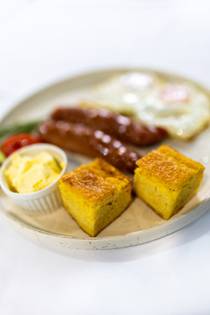 Fried egg served with grilled sausages, cream, bread, fresh tomato, and cucumber â a classic, hearty breakfast plate.の写真素材