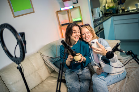 Two young women recording a podcast at home, drinking coffee and taking selfies, surrounded by...