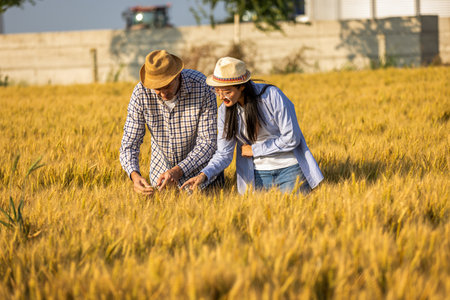 Two workers stand in a wheat-covered area in front of large silos, actively discussing upcoming...