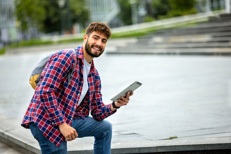 Young male student in plaid shirt uses a tablet while sitting outdoors on college campus.の写真素材