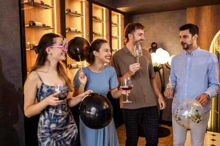 Friends celebrate a birthday in a restaurant, dancing with wine glasses and balloons, enjoying laughter, fun, and joyful moments together.の写真素材