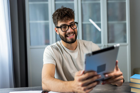 A young student wearing glasses sits at a desk with books, fully focused on studying for an exam on...