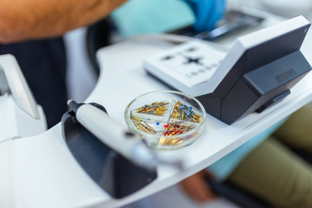 Close up of professional dental equipment in a modern clinic, showing precision tools, drill...