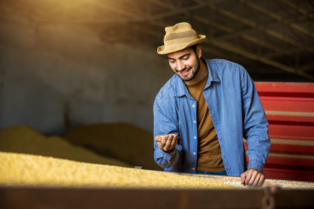 Young man in warehouse holds soybeans in hands and checks grain quality, concept of agriculture