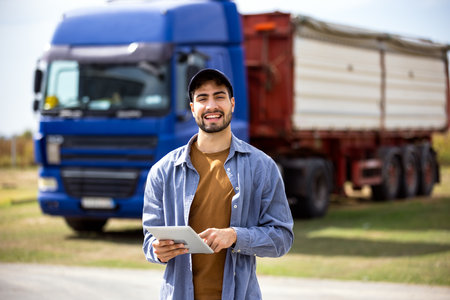 Truck driver holds tablet while standing in front of truck, concept of modern logistics, transport, digital technology, professional driver, cargo service.の写真素材