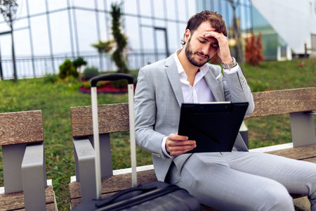 Professional businessman sitting on outdoor bench next to suitcase, holding his head while looking at documents on clipboard, working while on the go.の写真素材
