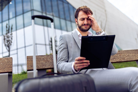 Professional businessman sitting on outdoor bench next to suitcase, holding his head while looking at documents on clipboard, working while on the go.の写真素材