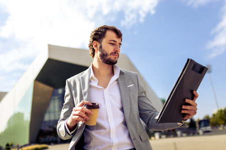 Young professional in business suit enjoying coffee while holding a clipboard outdoors, multitasking during work or business travel.の写真素材