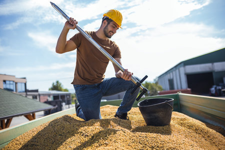 Young agricultural worker standing on trailer using probe to collect corn samples, inspecting...